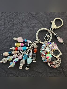 Rhinestone Skull Purse Charm or Keychain Carnelian Quartz Crystal Handcrafted